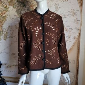 CoVelo Clothing brown wool embroidery cut out artsy cardi jacket grandmacore S/M